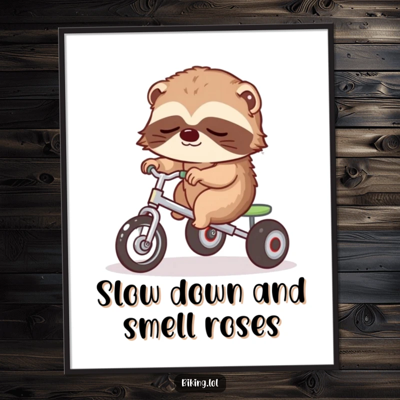 Funny Free Printable Wall Art: Sleepy sloth with a serene expression, slowly pedaling a miniature tricycle, embodying relaxation.