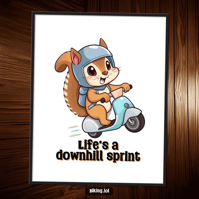 Funny Free Printable Wall Art: A squirrel in a helmet speeds downhill on a scooter, eyes wide with excitement, ready for adventure.