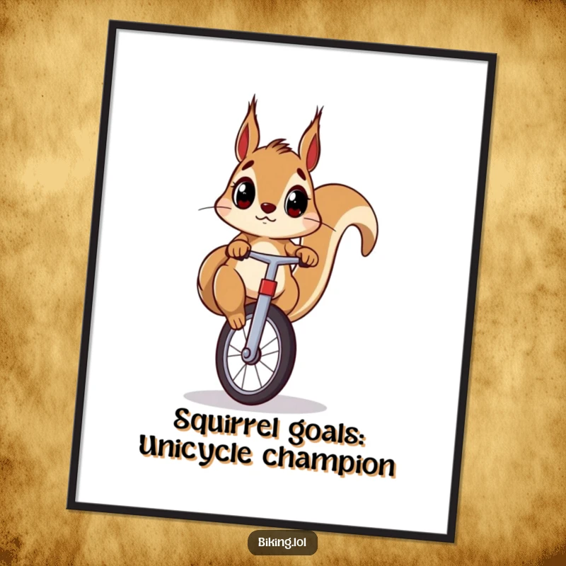 Funny Free Printable Wall Art: A shocked squirrel pedals furiously on a unicycle, creating a comical scene for your decor.