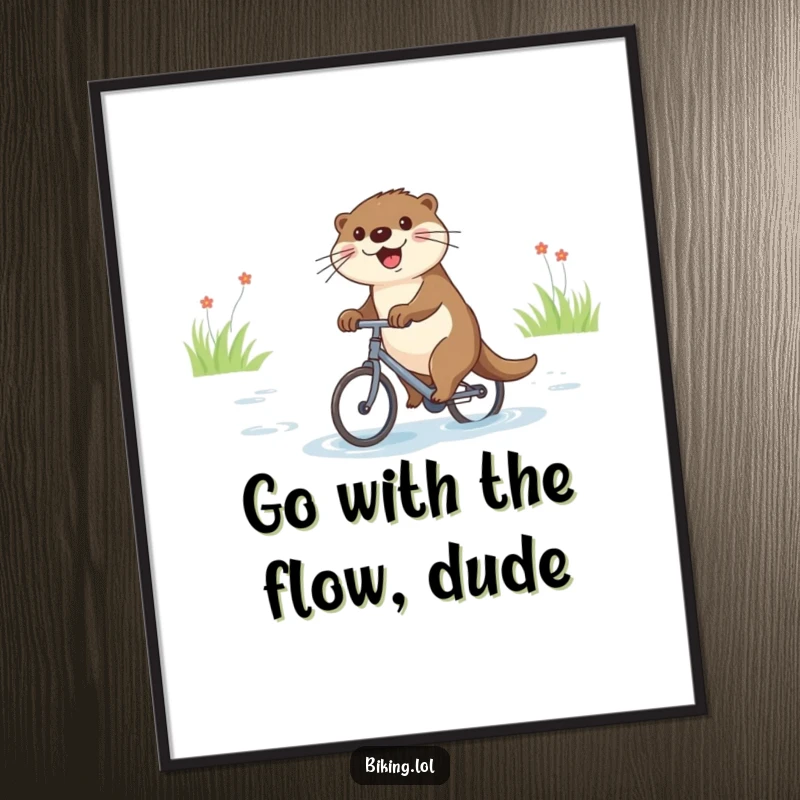 Funny Free Printable Wall Art: Joyful otter with a big smile, gracefully cycling on a small bicycle down a calm river.