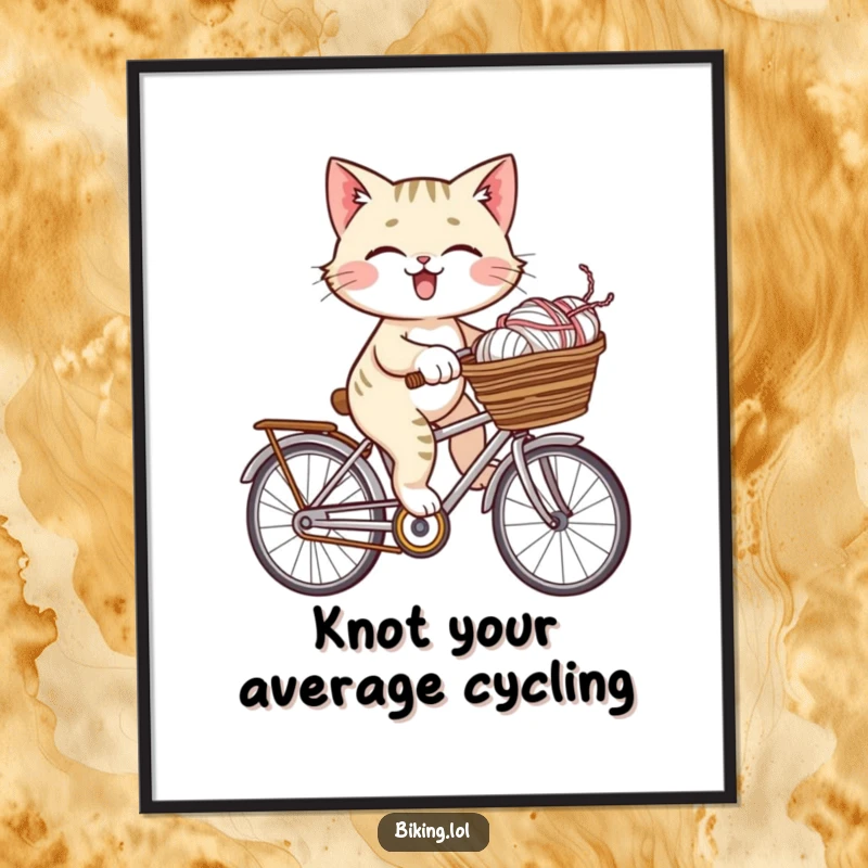 Funny Free Printable Wall Art: A giggling cat joyfully cycles a bicycle, its basket completely filled with colorful yarn.