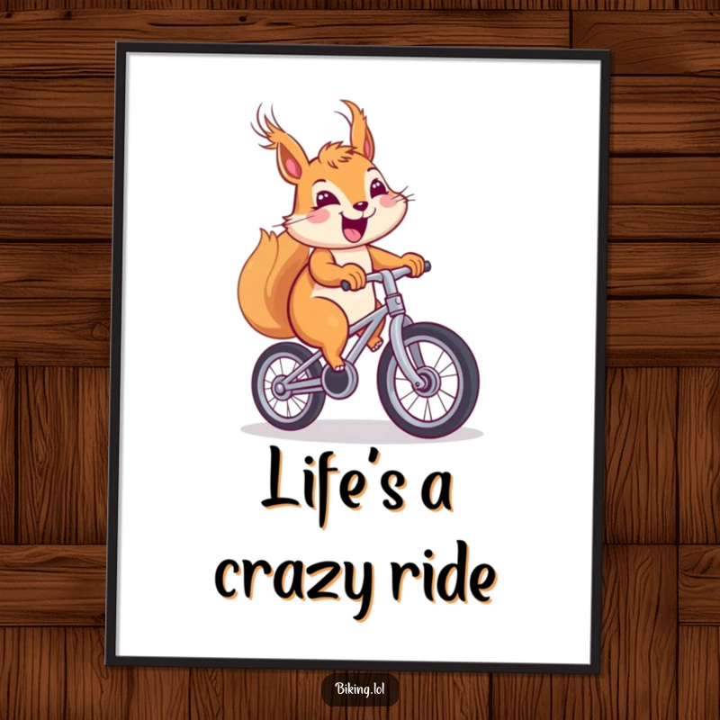 Funny Free Printable Wall Art: A cheerful squirrel with windblown fur and a big smile, confidently pedaling a unicycle.