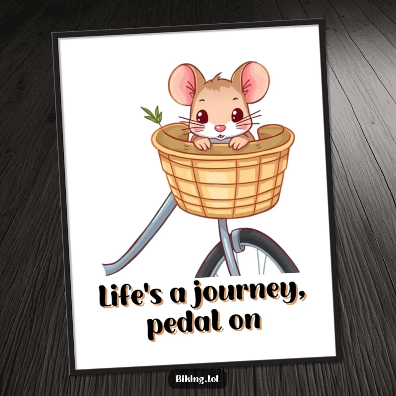 Funny Free Printable Wall Art: Curious mouse peeking from a bicycle basket, embarking on an adventure.