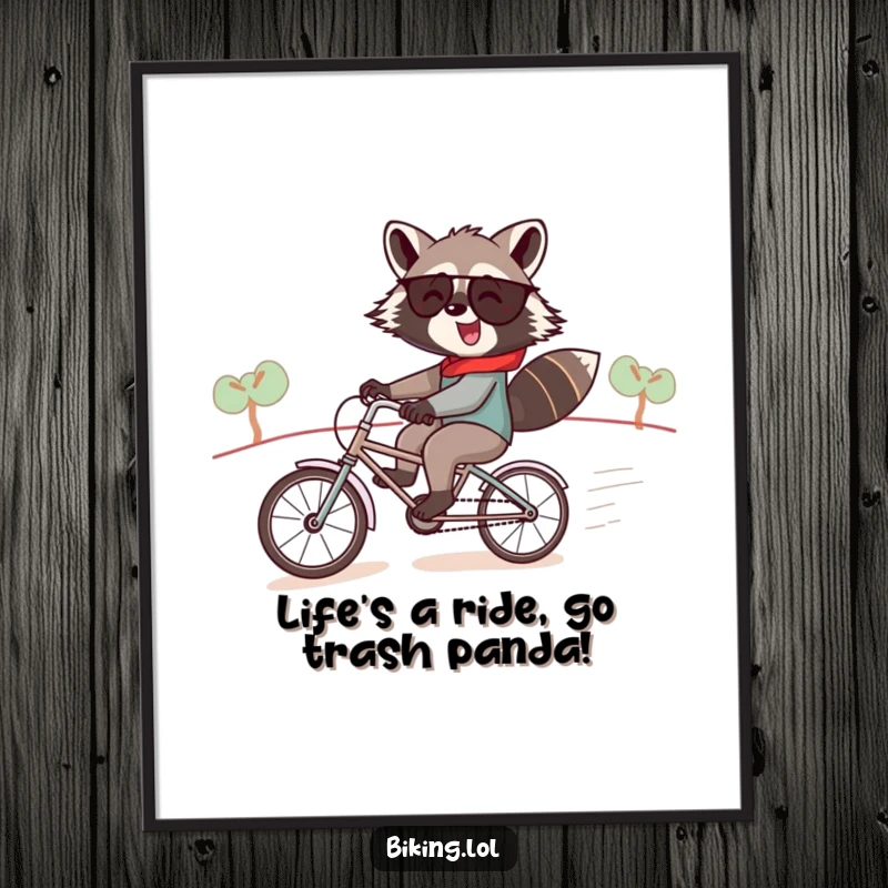 Funny free printable wall art of a jolly raccoon speeding down a hill on a comically small tandem bicycle, full of joy.