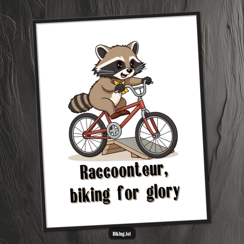Funny Free Printable Wall Art: A playful raccoon attempts a daring jump over a small ramp on a vintage bicycle, showcasing skill and mischief.