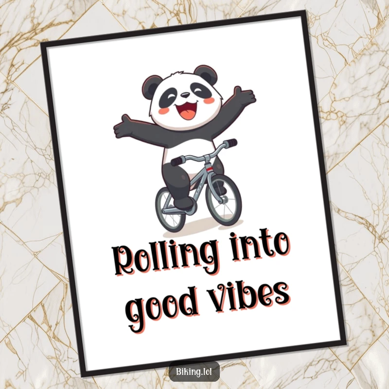Funny Free Printable Wall Art: A joyous panda riding a tiny bicycle downhill with arms outstretched and a huge smile.