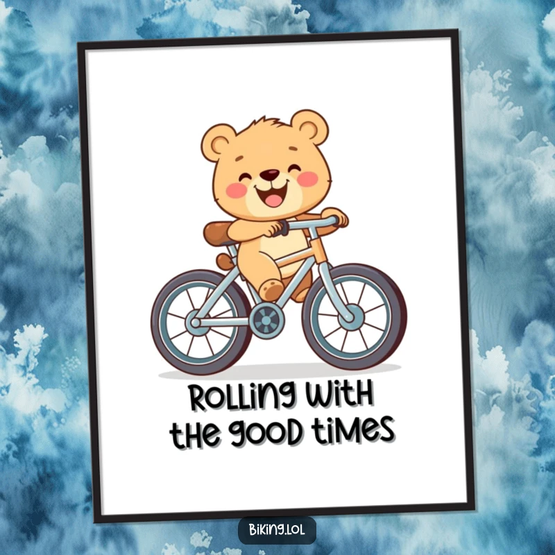 Funny Free Printable Wall Art: Happy bear cub pedaling a bicycle with oversized wheels and a wide grin, radiating pure delight.
