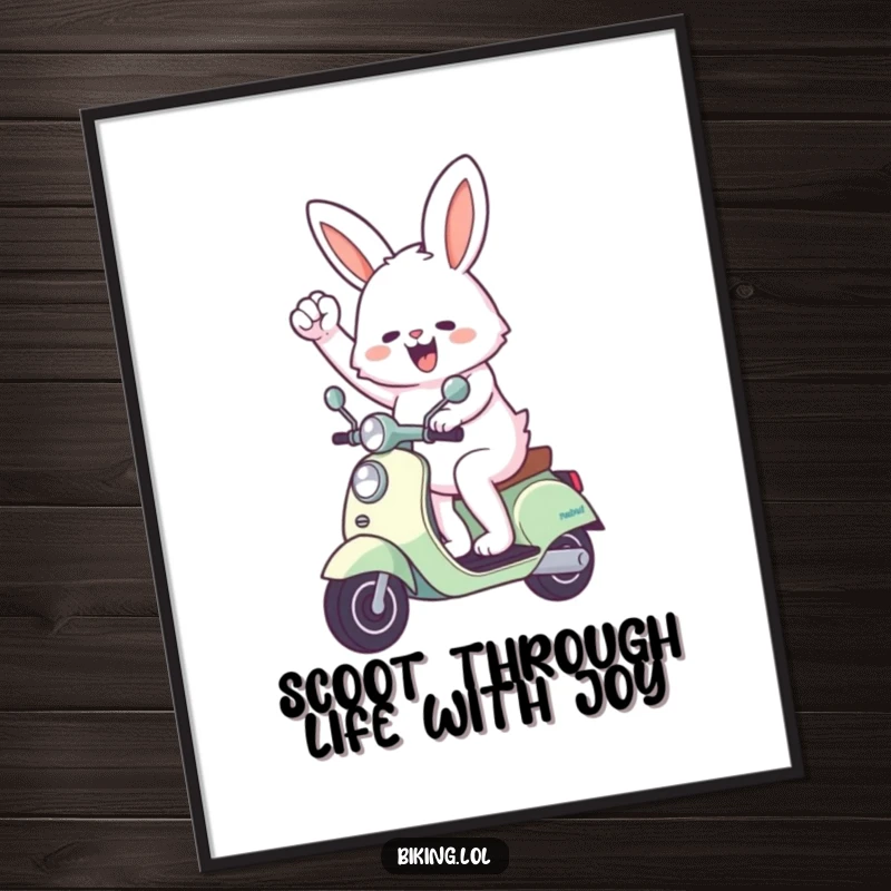 Funny Free Printable Wall Art: A fluffy bunny speeds on a scooter, pumping its fist with triumphant, infectious energy.