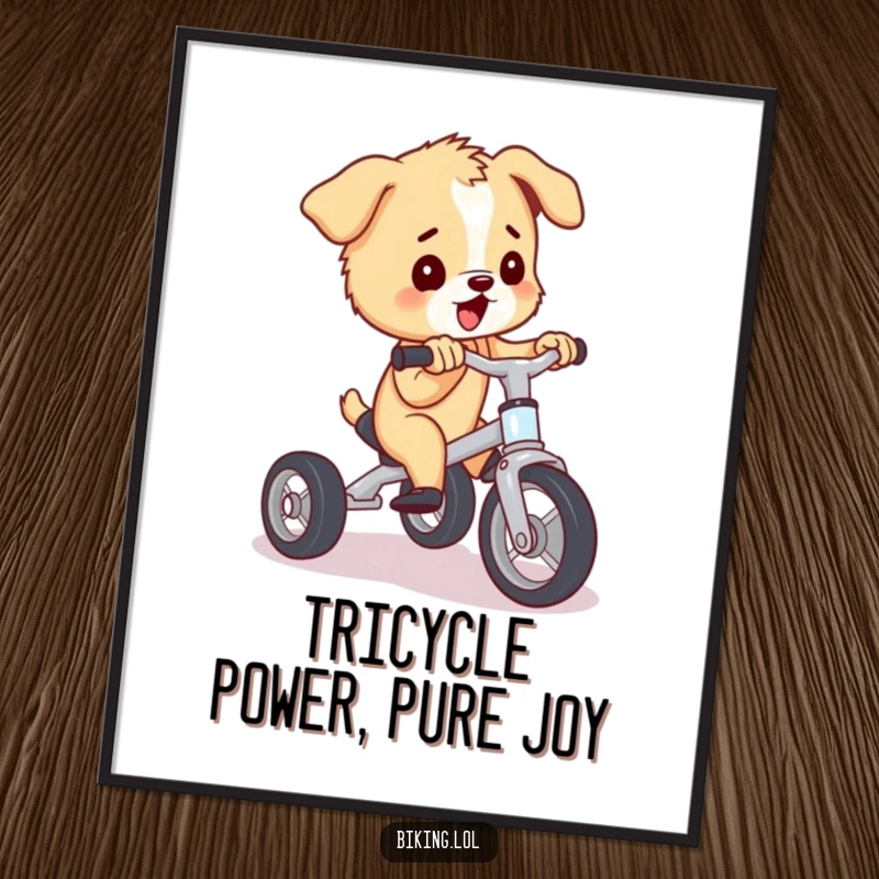 Funny Free Printable Wall Art: Playful puppy pedaling a tiny tricycle, immense effort, adorable decor.