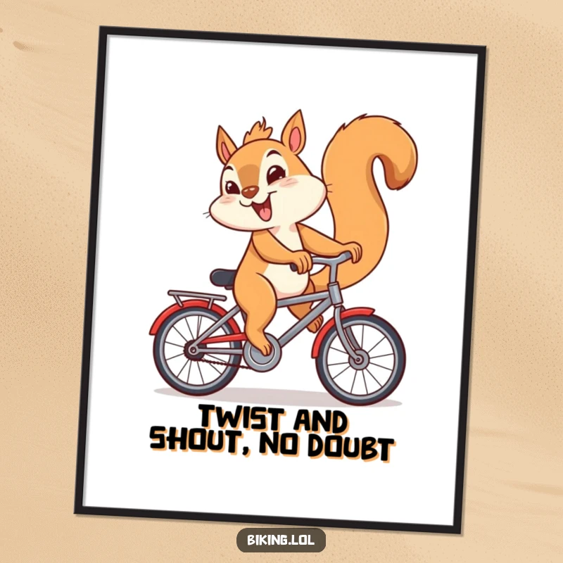 Funny Free Printable Wall Art: Giggling squirrel riding a bicycle backwards with a mischievous expression, embodying playful unpredictability.