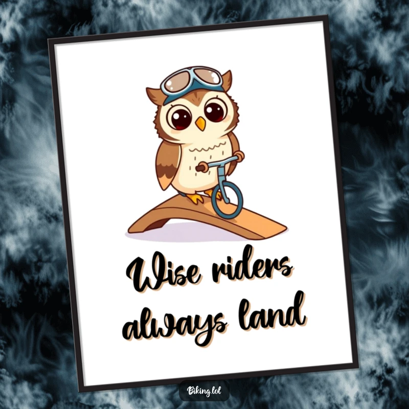 Funny free printable wall art, a cute owl wearing a cycling cap, elegantly navigating a ramp, showcasing skill and style.