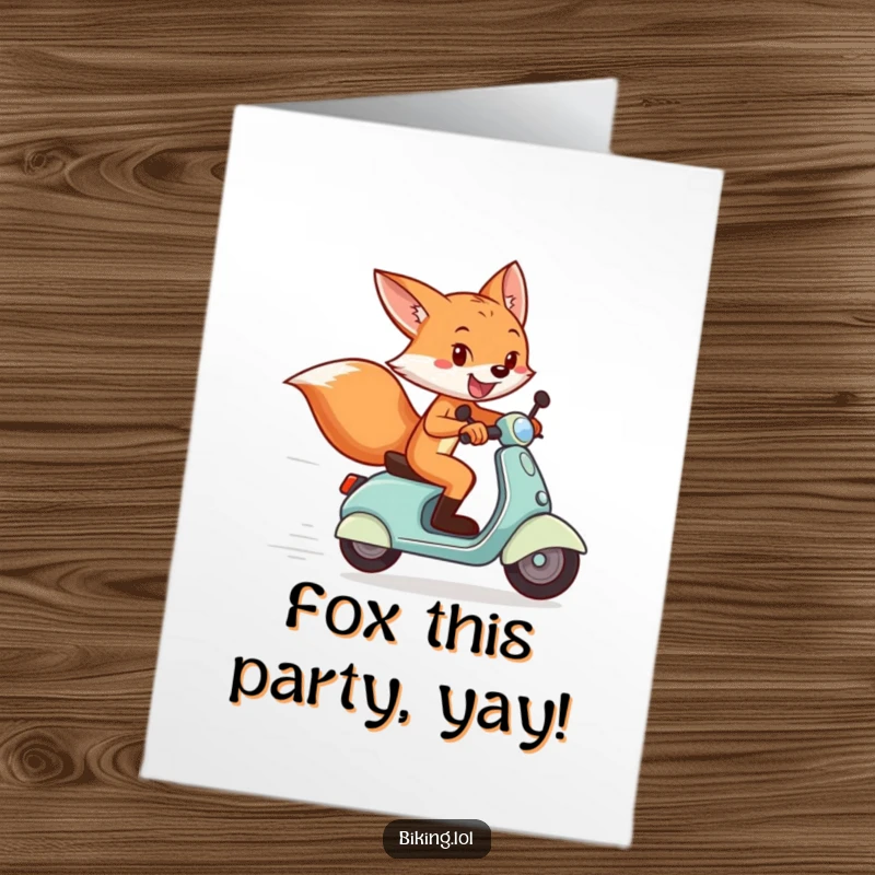 Funny Free Printable Birthday Card: Playful fox zooming past a finish line on a scooter, wearing a wide, mischievous grin.