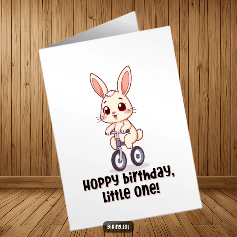 Funny Free Printable Birthday Card: Surprised bunny on a unicycle, determined grin, balancing act, downloadable.