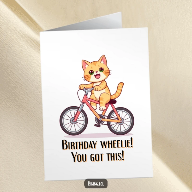 Funny Free Printable Birthday Card featuring a confident cat performing an impressive wheelie on a brightly colored bicycle.