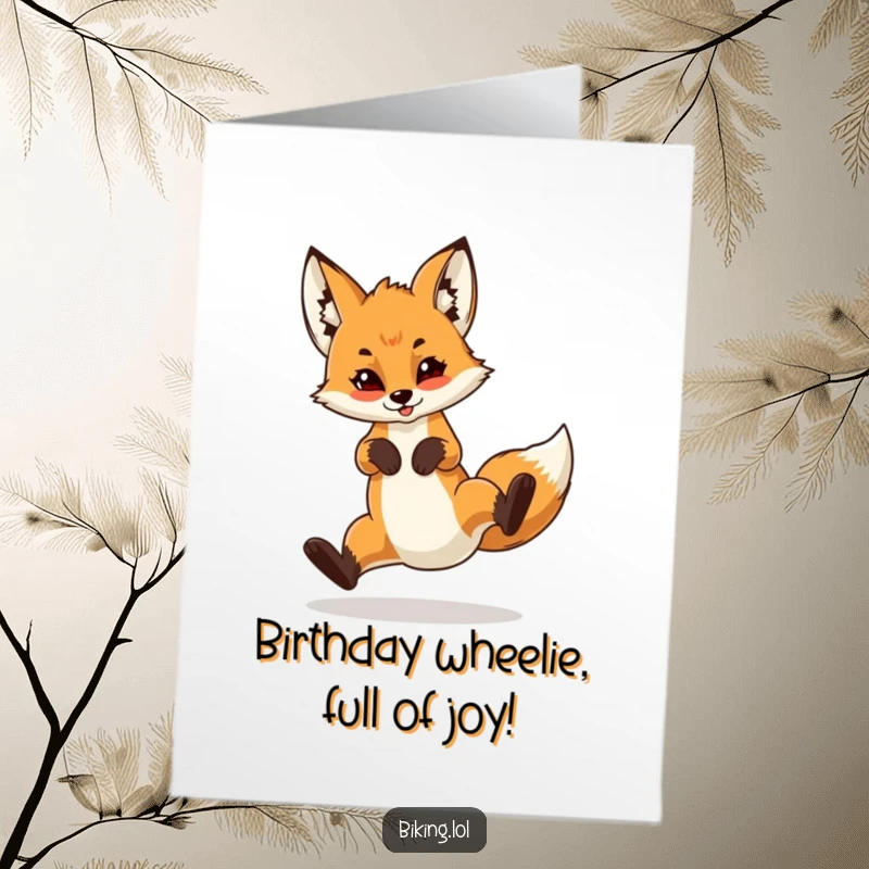 Funny Free Printable Birthday Card: Confident fox cub with a huge grin performing a perfect wheelie on a bicycle, full of flair.