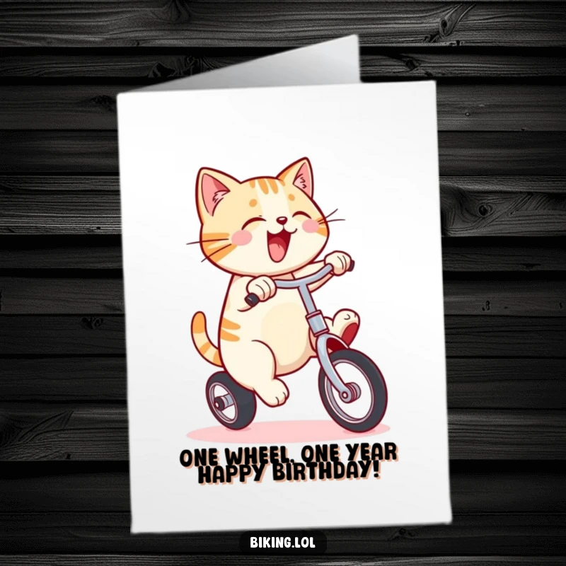 Funny Free Printable Birthday Card: A smiling cat enthusiastically pedals a unicycle, showcasing balance and birthday cheer.