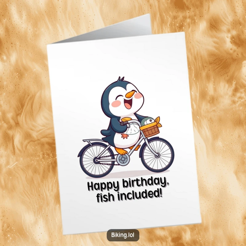 Funny Free Printable Birthday Card showing a laughing penguin joyfully riding a bicycle with a fish proudly in its basket.