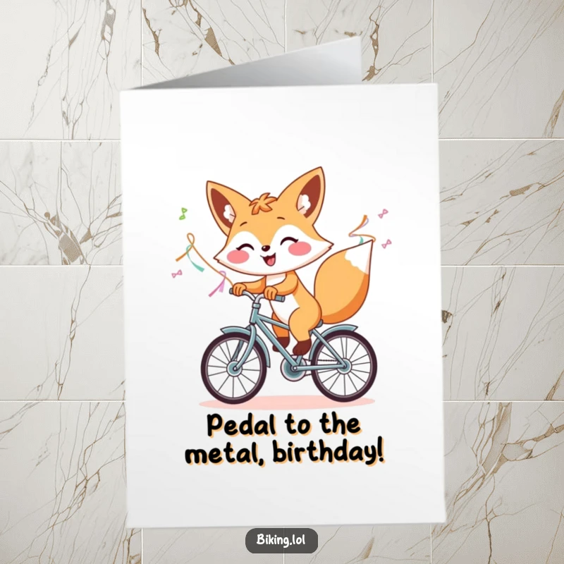 Funny Free Printable Birthday Card: Cheerful fox cycling with streamers, symbolizing a fun and happy birthday journey.