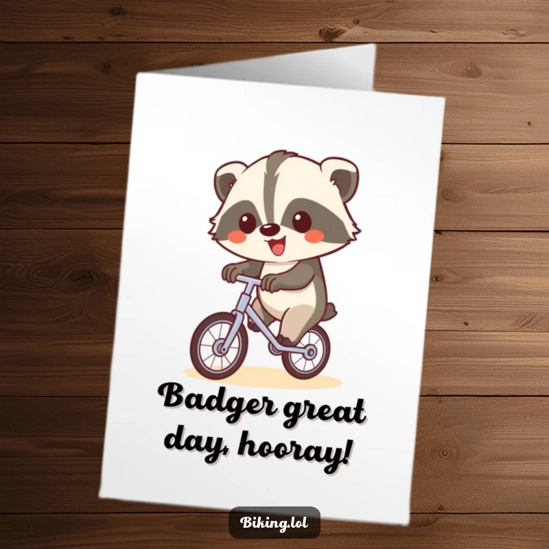 Funny Free Printable Birthday Card: Happy badger balancing on a unicycle, waving with one paw, full of quirky celebration.