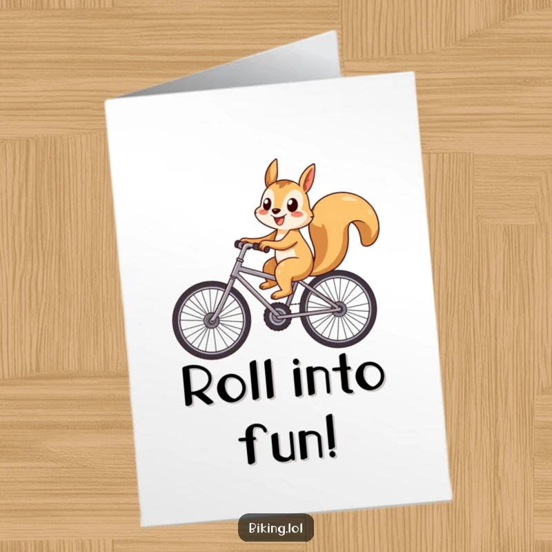 Funny Free Printable Birthday Card: A playful squirrel with a big smile rides a bicycle with oversized wheels, full of birthday cheer.