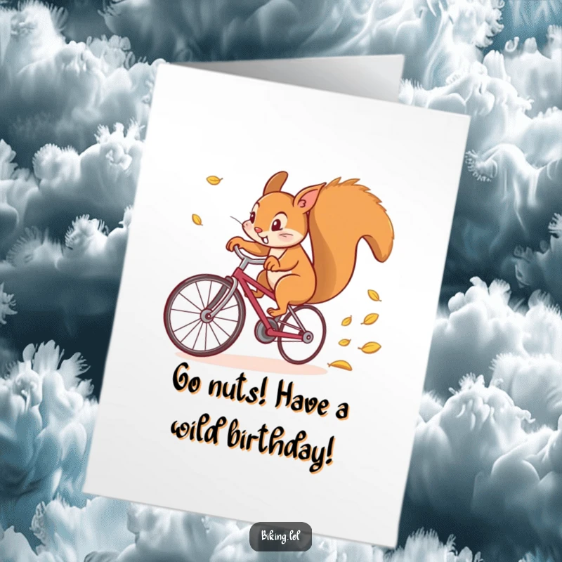 Funny Free Printable Birthday Card: Determined squirrel on a bike leaving a leaf trail, conveying speed and joy for any celebration.