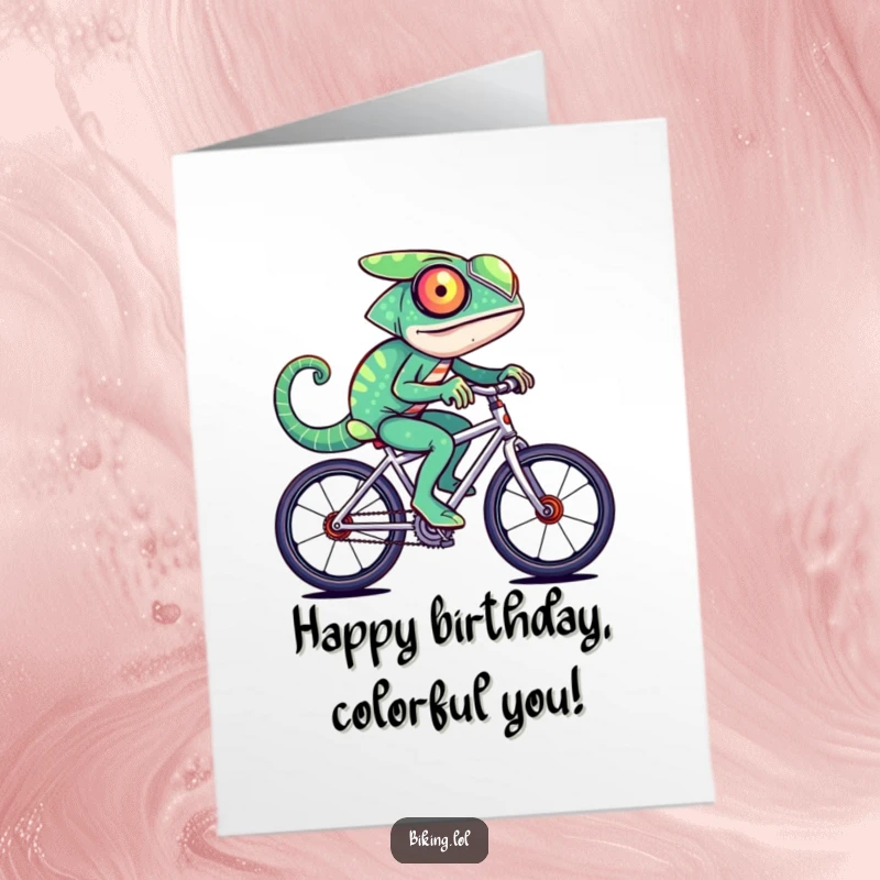 Funny Free Printable Birthday Card: A chameleon changes colors rapidly while speeding on a bicycle, a blur of motion.