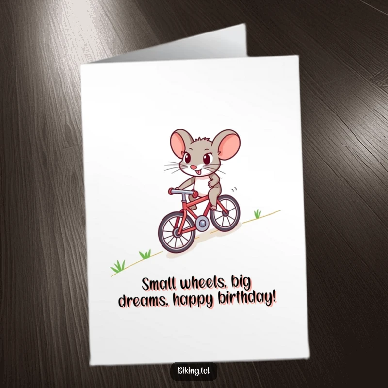 Funny Free Printable Birthday Card featuring a brave mouse pedaling a tiny bicycle uphill with intense focus.