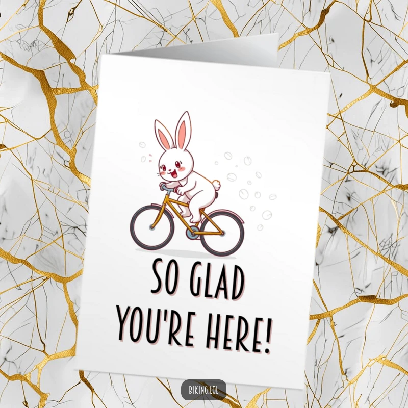 Funny Free Printable Birthday Card: A happy bunny on a bicycle leaving a trail of bubbles, offering a whimsical birthday wish.