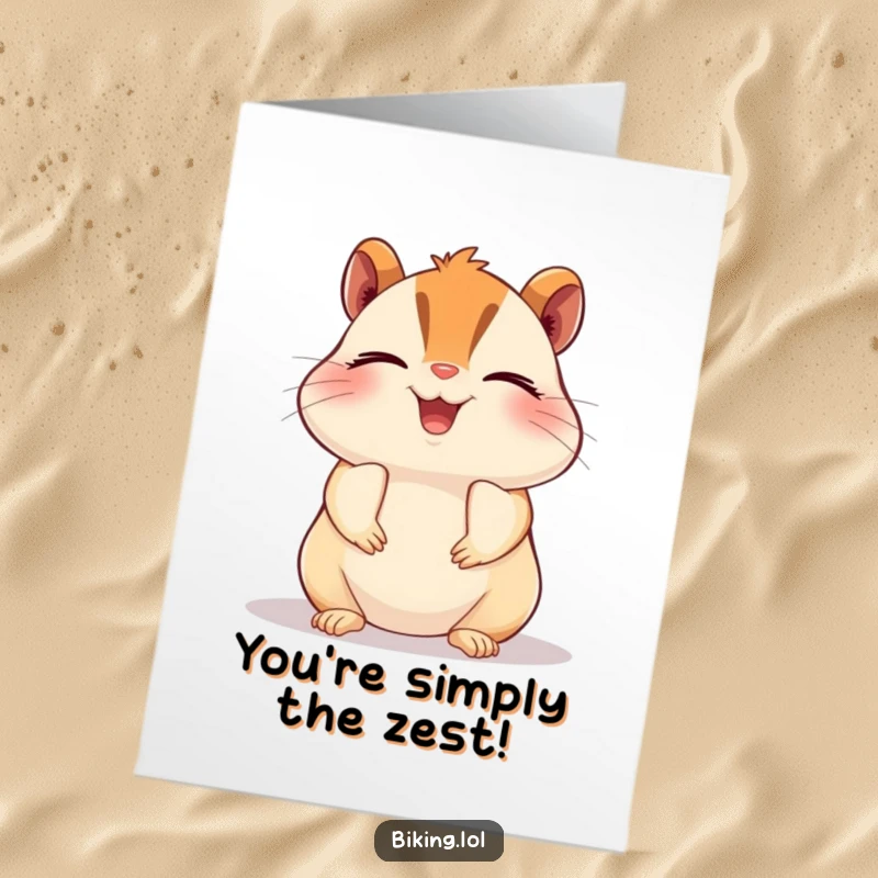 Funny free printable birthday card featuring a beaming chipmunk pedaling a bike with eyes closed in a state of pure bliss.