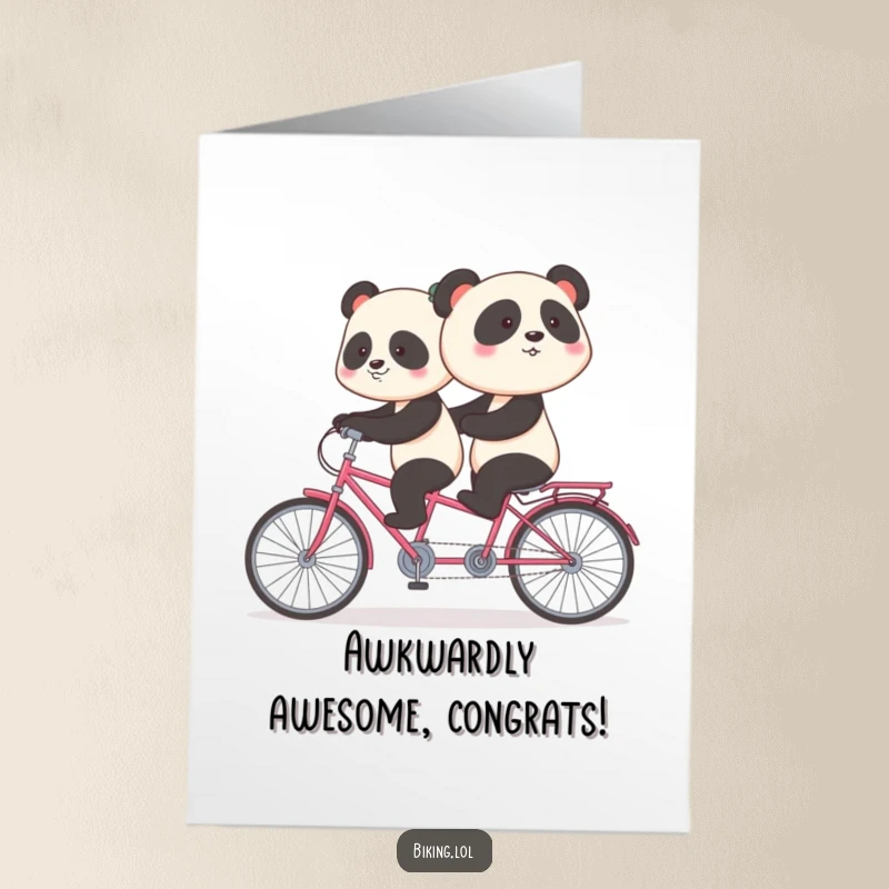 Funny Free Printable Congrats Card: Shy panda pedaling backward on a tandem bike, awkward victory, downloadable greeting.