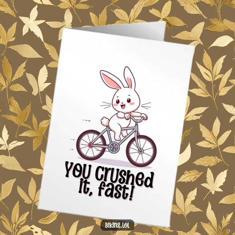Funny Free Printable Congrats Card: Joyous bunny on tiny bicycle zooming downhill, celebrating a big win with pure speed.