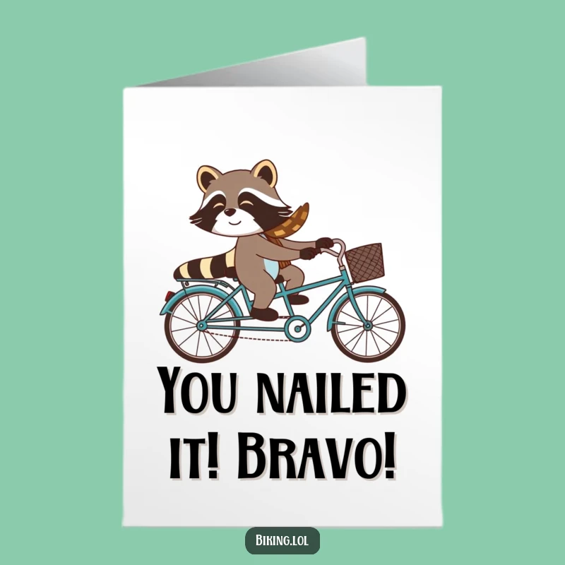 Free Printable Congrats Card: Raccoon Bicycle Surprise Funny Downloadable Gift for Any Occasion