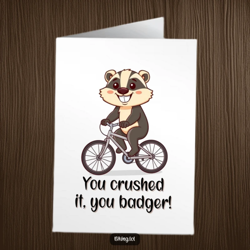 Funny Free Printable Congratulations Card: Determined badger cycling uphill with a massive grin, celebrating a hard-won achievement.