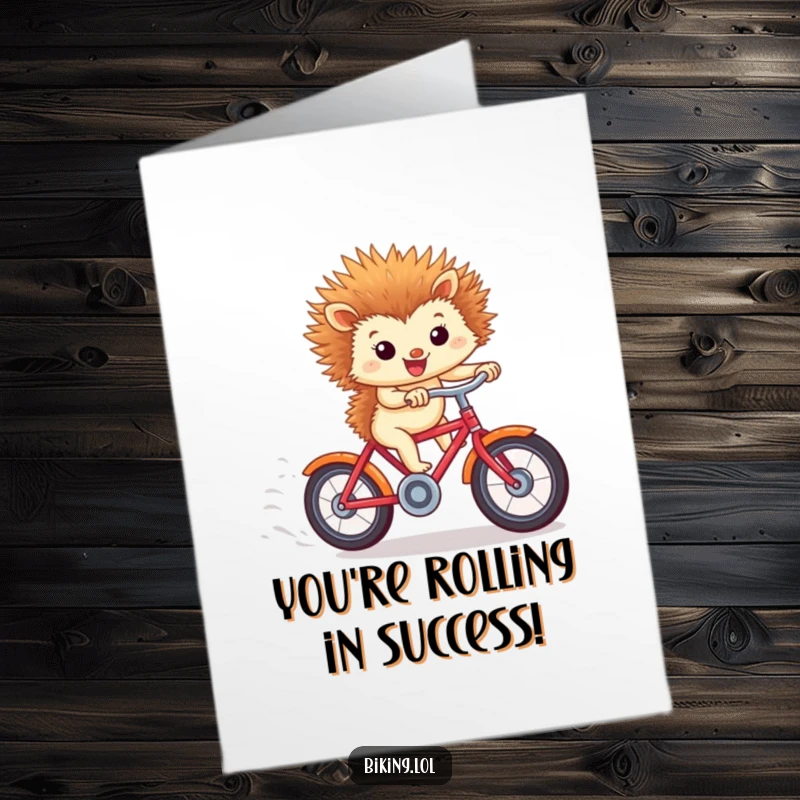 Funny Free Printable Congratulations Card: Tiny hedgehog racing downhill on a bicycle, windblown ears, pure joy and speed.
