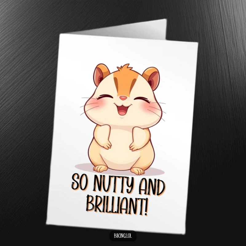 Funny free printable congratulations card of a beaming chipmunk cycling with eyes closed, radiating pure bliss and success.