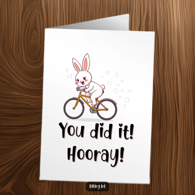 Funny Free Printable Congrats Card: A speedy bunny on a bike releasing bubbles, celebrating your incredible success with pure joy.