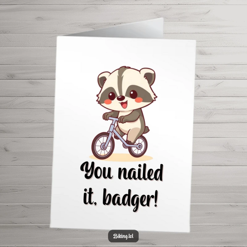 Funny Free Printable Congratulations Card: Happy badger skillfully riding a unicycle, waving one paw, a symbol of impressive achievement.