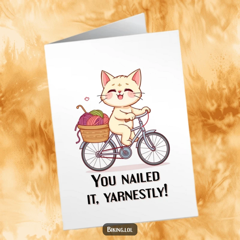 Funny Free Printable Congrats Card: Giggling cat on a bike, basket overflowing with yarn, perfect for celebrating achievements with humor.