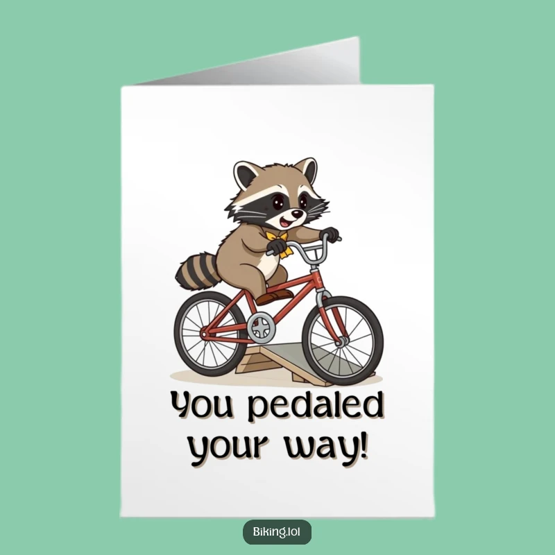 Free Printable Congrats Card: Raccoon Bike Jump Success Funny Downloadable Gift