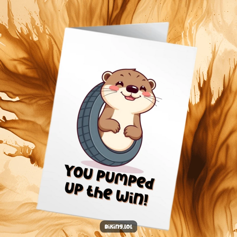 Funny Free Printable Congratulations Card: A curious otter with a cheerful grin, enthusiastically pumping a tire, celebrating a win.