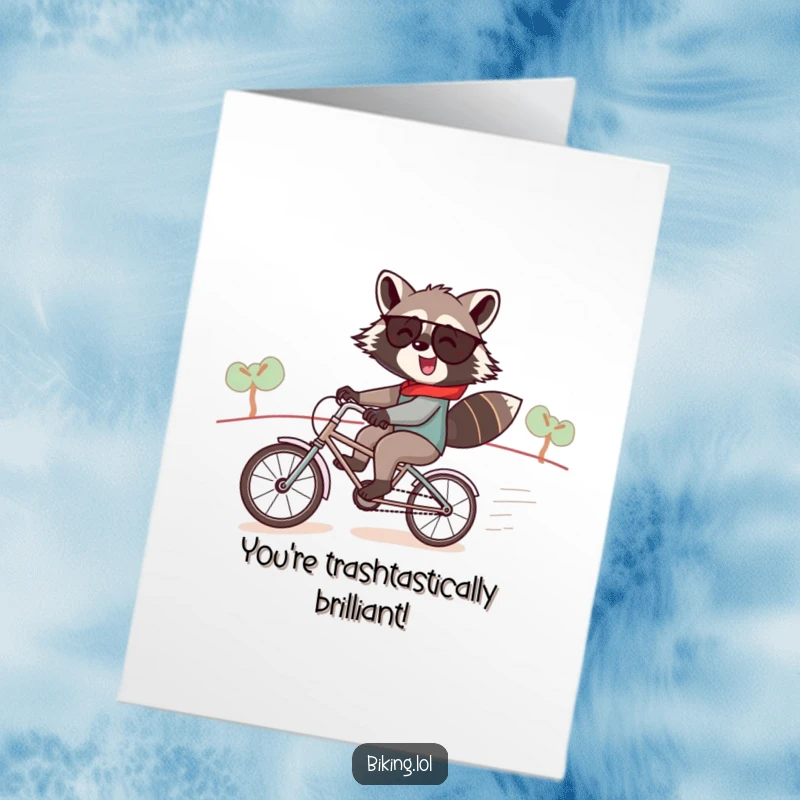 Funny free printable congratulations card of a jolly raccoon hurtling down a hill on a tiny tandem bike, celebrating.