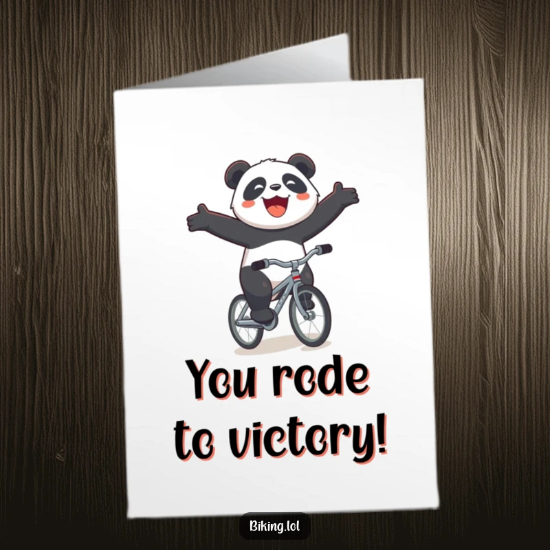 Funny Free Printable Congratulations Card: A joyous panda rides a tiny bicycle downhill with arms outstretched and a huge smile.