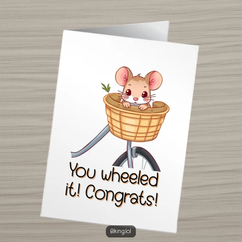 Funny Free Printable Congratulations Card: Curious mouse rides a bicycle, carrying a celebratory basket.