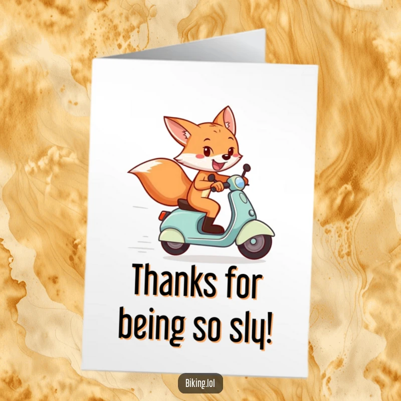 Funny Free Printable Thank You Card: Playful fox on a scooter, grinning as they cross a finish line, a humorous thank you.