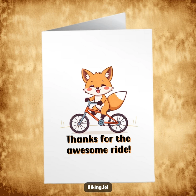Funny Free Printable Thank You Card: A happy fox joyfully riding a tiny bicycle downhill, sending thanks with a wide grin.