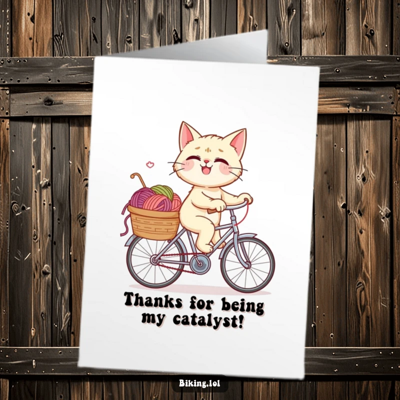 Funny Free Printable Thank You Card: Giggling cat riding a bicycle, yarn spilling from the basket, showing gratitude with a laugh.