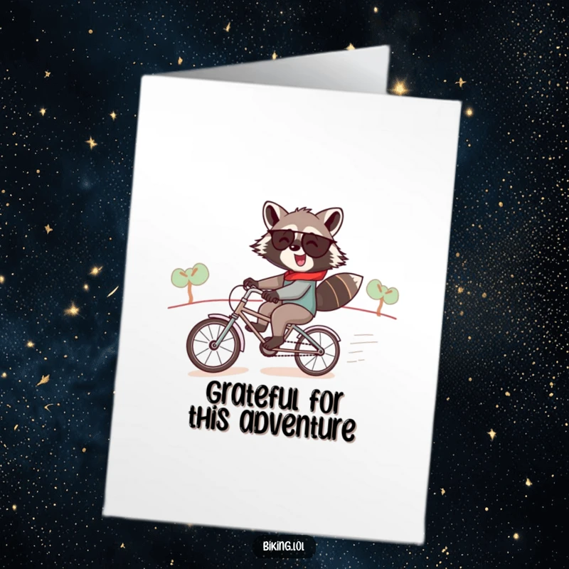 Funny free printable thank you card of a jolly raccoon riding a tiny tandem bike down a hill, expressing thanks.