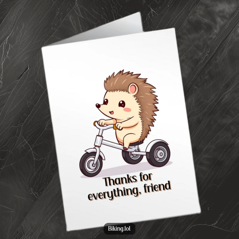 Funny Free Printable Thank You Card: Curious hedgehog riding a tricycle, pointing forward, expressing thanks with excitement, great DIY gift.