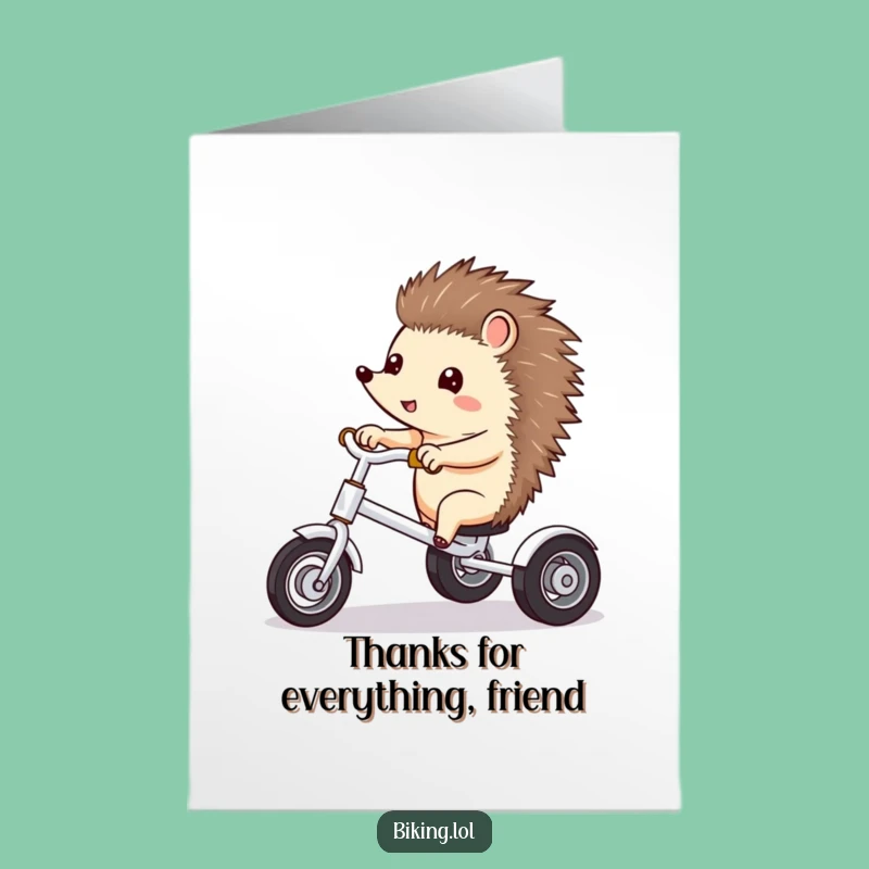 Free Printable Hedgehog Tricycle Thank You Card: Funny Downloadable Gift for Kind Souls