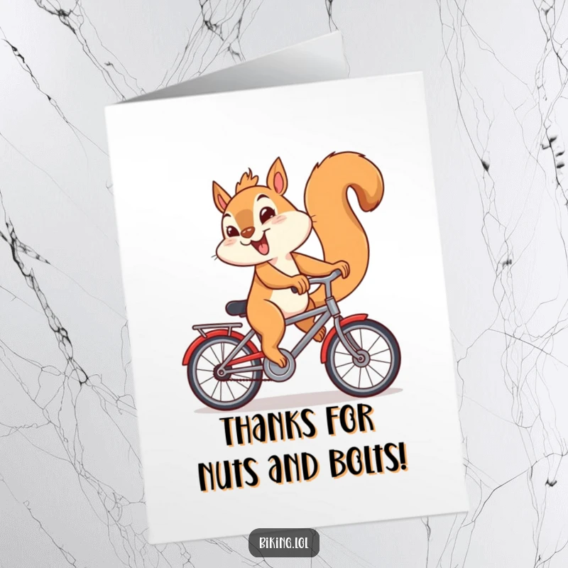 Funny Free Printable Thank You Card: Giggling squirrel riding a bicycle backwards with a mischievous look, conveying thanks humorously.